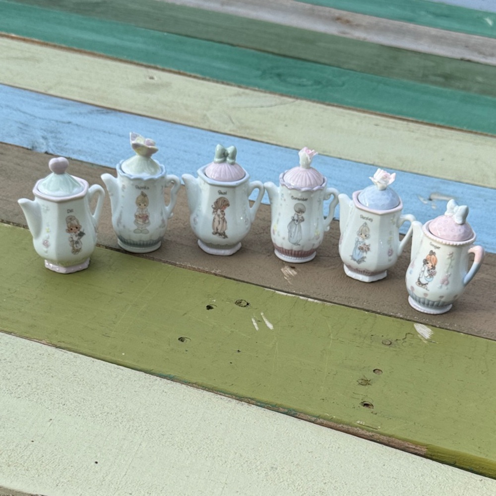 Vintage Precious Moments Mini Teapot Spice Jar Set | Enesco Porcelain Decor